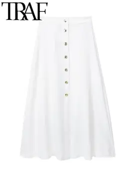 TRAF Καλοκαίρι Μόδας των Περιστασιακών Γυναικών Λευκό Φούστες Υψηλής Waisted Πλισέ Χρυσός Κουμπιά Μετάλλων Split Front A-Γραμμή Θηλυκό Midi Φούστα