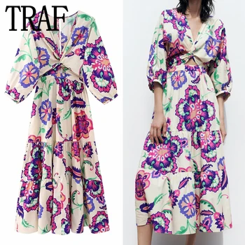 TRAF Τυπωμένο Μακρύ Φόρεμα Γυναικών Κόψτε Midi Φορέματα Γυναίκα Ruffle Παραλία το Καλοκαίρι Φόρεμα των Γυναικών 2023 Vintage Κομψό Φορέματα των Γυναικών