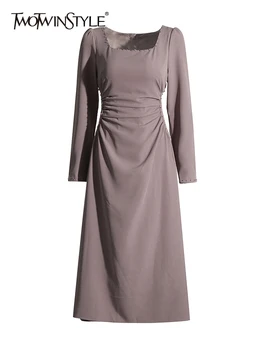 TWOTWINSTYLE Κεντημένο Φωτοβολίδες Φορέματα Για τις Γυναίκες Πλατεία Γιακά Μακρύ Μανίκι Υψηλή Μέση Vintage Στερεά Φόρεμα Γυναικείας Μόδας της Νέας