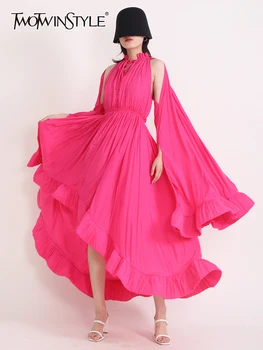 TWOTWINSTYLE Μινιμαλιστικό Φορέματα Για τις Γυναίκες V Λαιμό Μανδύα Μανίκι Υψηλή Μέση Ακανόνιστο Καλοκαίρι Φόρεμα Θηλυκό Στυλ της Μόδας Ρούχα