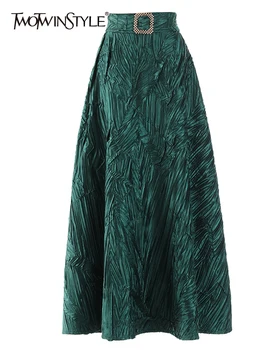 TWOTWINSTYLE Πράσινο Vintage Φούστα Για τις Γυναίκες Υψηλή Μέση Μια Γραμμή Φύλλων Στερεά Μινιμαλιστικό Midi Φούστες Γυναικεία Ρούχα Καλοκαίρι Νέα 2022