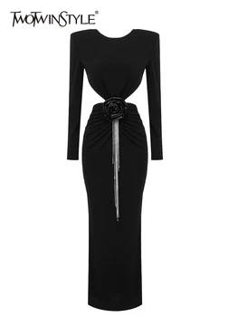 TWOTWINSTYLE Στερεά Συγκολλημένα Κομψό Floral Φορέματα Για τις Γυναίκες γύρω από το Λαιμό Μακρύ Μανίκι Υψηλή Μέση Εξώπλατο Φόρεμα Γυναικείας Μόδας 2023