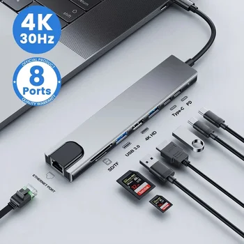 USB C HUB USB 3.0 Τύπου Γ Προσαρμοστής 4K HDMI Τύπου C, Πλήμνη USB Splitter 3 USB C Dock Station RJ45 Κάρτα Αναγνώστης Για το Macbook Pro το Lap-top