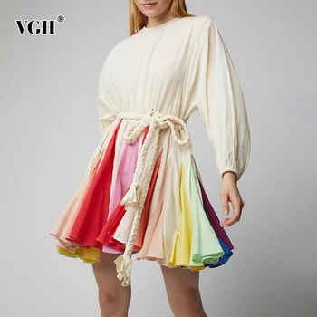 VGH Casual Φόρεμα Τυπωμένων υλών Για Γυναίκες Λαιμών Μακριά Φανάρι Μανίκι Επίδεσμο Τόξο Υψηλή Μέση Μια Γραμμή Φόρεμα Γυναικείας Μόδας της Νέας 2022 Άνοιξη