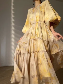 Vintage Midi Φορέματα για τις Γυναίκες 2023 Νέα Καλοκαιρινή γαλλική Κομψό Κόμμα Εκτυπώνει Μεγάλες Hemline Χαλαρά Μακρύ Μανίκι Γλυκό Θηλυκό Φόρεμα
