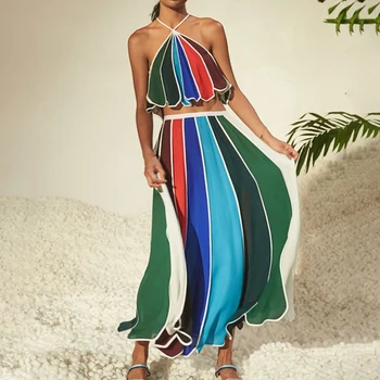Vintage Μόδα Colorblock Print Μπικίνι Δύο Κομμάτι Μαγιό Καλοκαίρι Φόρεμα Halter Beachwear Υψηλή Μέση Μαγιό Δαντέλα Κάνετε Σερφ Την Ένδυση