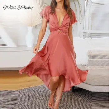 WildPinky Περιστασιακή Στερεό Χρώμα Βαθύ V-λαιμό Καλοκαίρι Φόρεμα Γυναικών 2022 Κομψό Κοίλο Έξω το Γραφείο Γυναικείων Φορεμάτων Κοντό Μανίκι Vestidos
