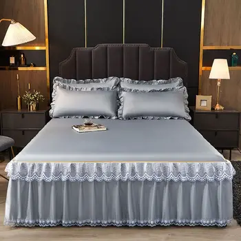WOSTAR Πολυτελή δαντέλα φούστα κρεβάτι καλοκαίρι κάλυμμα στερεά σατέν τεχνητής μέταξας κλινοσκεπάσματα δυο κρεβάτι μονό διπλό queen king size κρεβάτι φύλλο