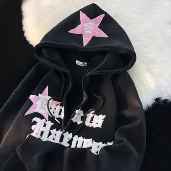 Y2k Kawaii Κεντητική Αστεριών Ζακέτα Με Φερμουάρ Με Κουκούλα Φούτερ Άνδρες Γυναίκες Νέα Harajuku Punk, Goth Ζευγάρι Υπερμεγέθη Τζάκετ Streetwear