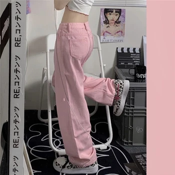 Y2K Ροζ Φαρδιά Τζιν Γυναικών Χαριτωμένο κορέας Μόδας Πολύ Χαμηλά Ευρεία Πόδι Τζιν Παντελόνι για καθημερινό ντύσιμο Χαλαρό Παντελόνι Alt