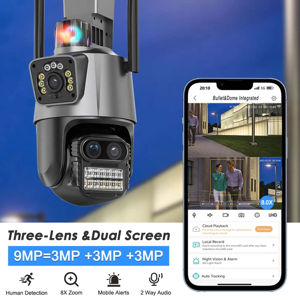 9MP Κάμερα WIFI IP Υπαίθρια Ασύρματα Κάμερα Ασφαλείας Ζουμ 8X Αυτόματη Καταδίωξη Τριών Φακών Διπλή Οθόνη PTZ CCTV Cam Παρακολούθησης Βίντεο