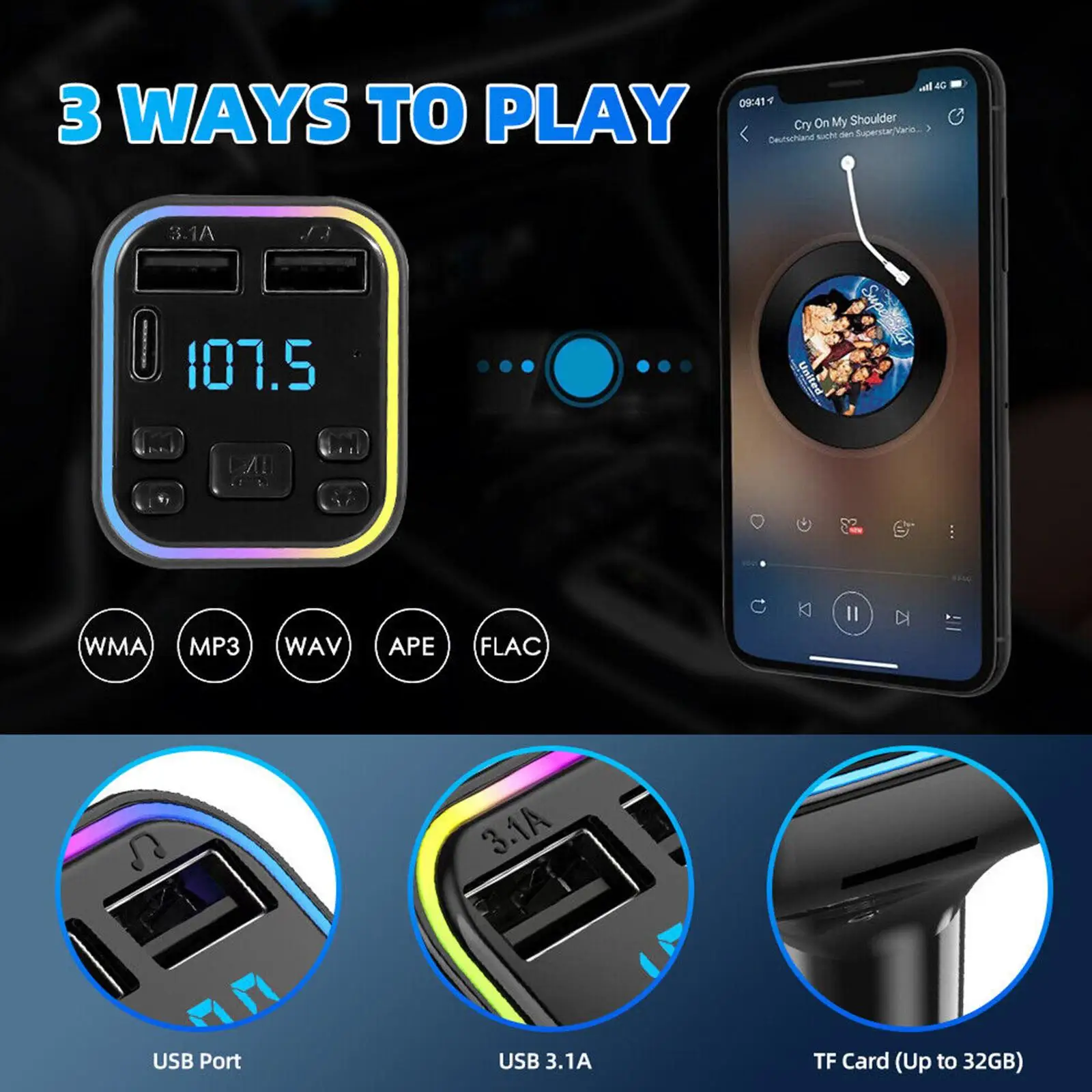 Bluetooth αυτοκινήτων 5.0 συσκευή αποστολής Σημάτων FM PD Τύπος-C Διπλή USB 3.1 Γρήγορος Φορτιστής Ζωηρόχρωμος το Φως του Περιβάλλοντος Handsfree MP3 Modulator Player