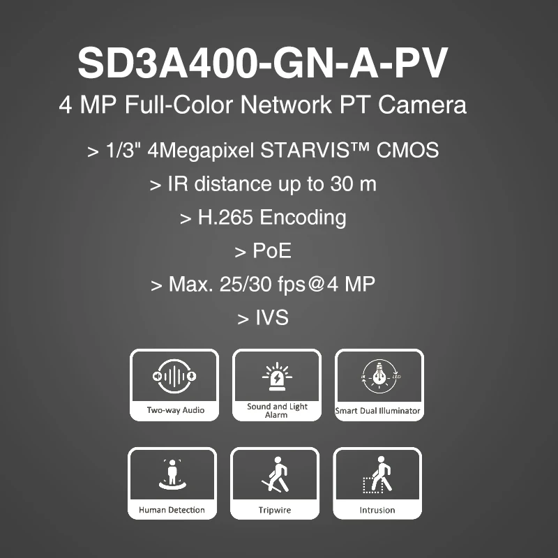 Dahua Αρχική SD3A400-GN-Α-φ / β 4MP Πλήρης-Χρώματος Δικτύου PT Καμερών IR30M PoE Smart H. 265 IVS IP Παν Κλίσης Κάμερα PT Ενσωματωμένο Mic