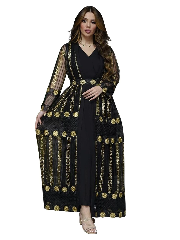 Eid Μουσουλμανικό Κόμμα Φόρεμα Των Γυναικών Καφτάνι Abaya 2 Piece Σετ Κέντημα Ραμαζάνι Abayas Καφτάνι Vestidos Ζακέτα Ρόμπα Ντουμπάι Αραβικά Τουρκία