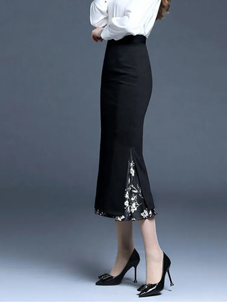 FairyShely 2023 Γυναίκες Το Καλοκαίρι Γοργόνα Χωρισμένη Φούστα Εκτύπωσης Συναρμογών Υψηλή Μέση Φούστες Γόνατο Μαύρο Midi Γραφείο Κυρία Pencil Φούστα