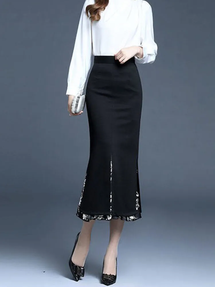 FairyShely 2023 Γυναίκες Το Καλοκαίρι Γοργόνα Χωρισμένη Φούστα Εκτύπωσης Συναρμογών Υψηλή Μέση Φούστες Γόνατο Μαύρο Midi Γραφείο Κυρία Pencil Φούστα