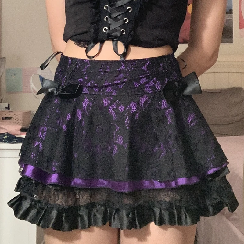 Goth Σκούρο Mall Γοτθική Αισθητική Βελούδο Πλισέ Μίνι Φούστες Των Γυναικών Vintage Harajuku Emo Alt Ρούχα Υψηλή Μέση Δαντέλα Βολάν Φούστα