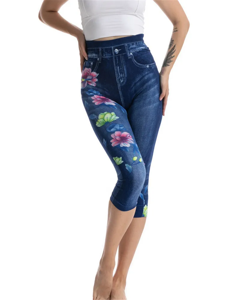 INDJXND Μόδας Λεπτές Γυναίκες Faux τζιν Τζιν Κολάν Floral Print Τέντωμα Σύντομη Τζιν Casual Outdoor Ρουχισμός γόνατο και Παντελόνια