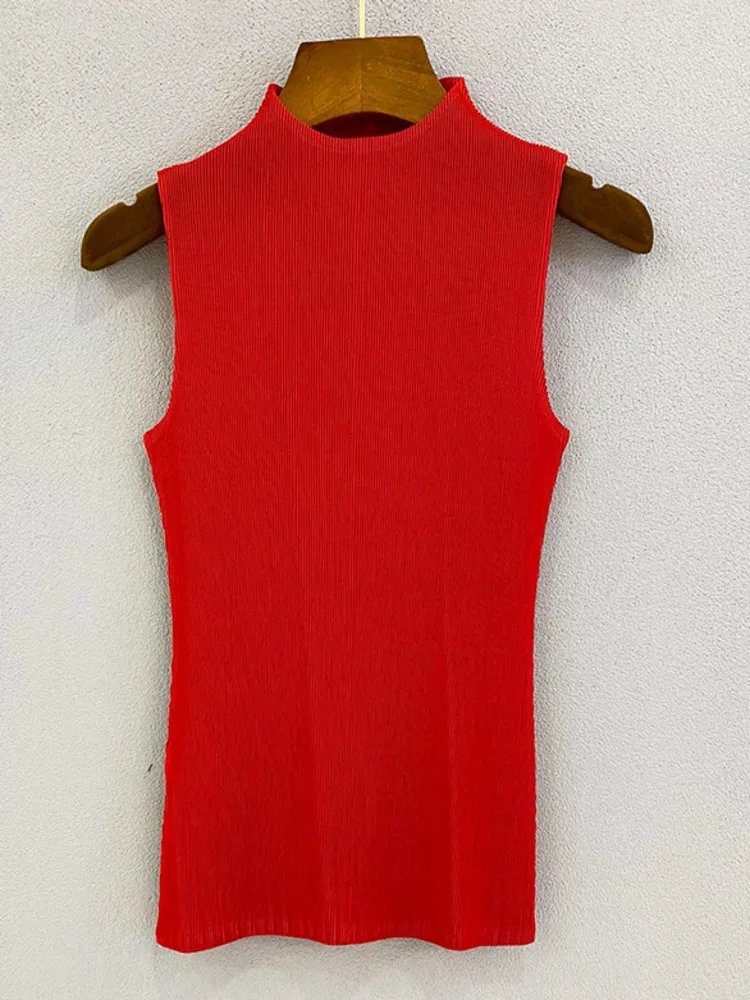 LANMREM Πλισέ Πουλόβερ Δεξαμενές Για τις Γυναίκες Στερεό Χρώμα Αμάνικο O-λαιμό Skinny Βάση Μπλούζες Γυναικείας Μόδας 2023 Νέα Καλοκαιρινή 2N594