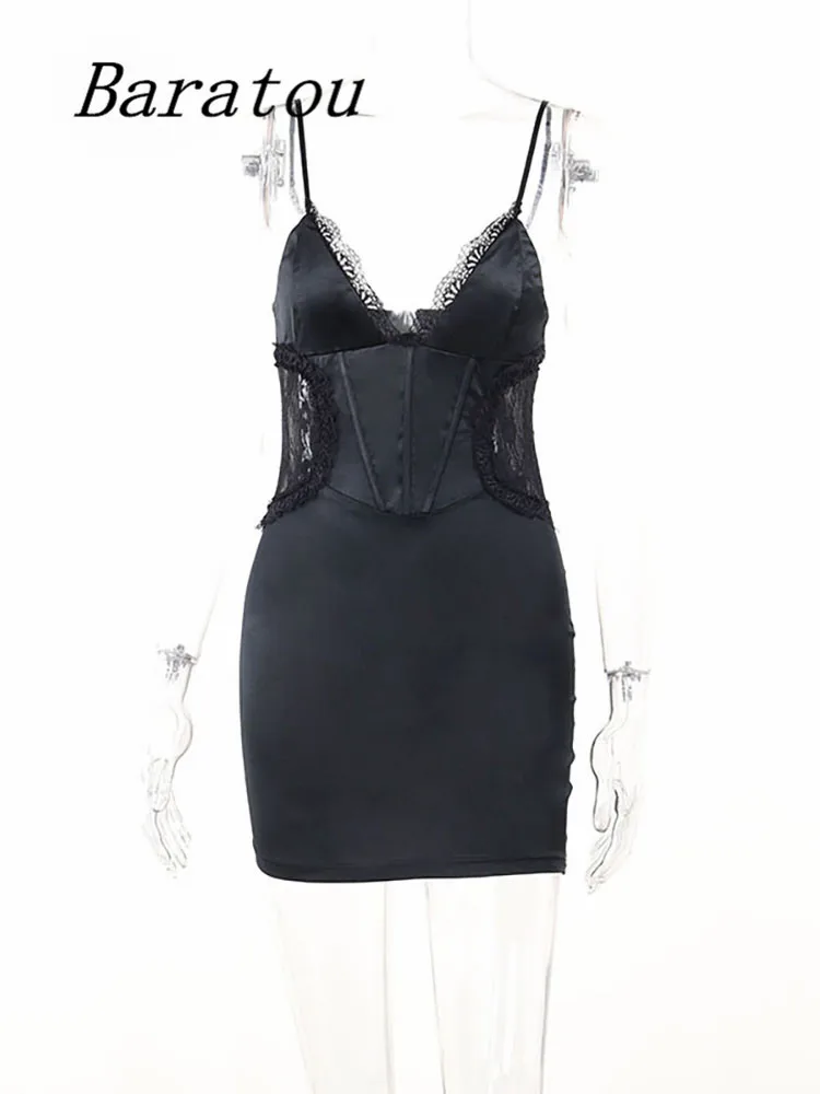 Piednoir Μαύρο Στερεό Βαθύ Β-Λαιμός Ιμάντες Φόρεμα Των Γυναικών Από Τον Ώμο Εξώπλατο Σατέν Κοντό Φόρεμα Casual Party Μίνι Κλαμπ Φορέματα