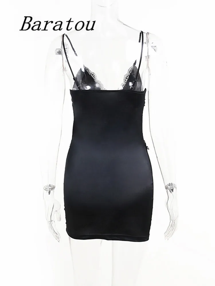 Piednoir Μαύρο Στερεό Βαθύ Β-Λαιμός Ιμάντες Φόρεμα Των Γυναικών Από Τον Ώμο Εξώπλατο Σατέν Κοντό Φόρεμα Casual Party Μίνι Κλαμπ Φορέματα