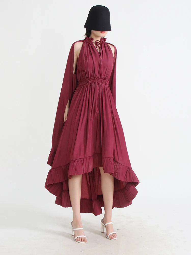 TWOTWINSTYLE Μινιμαλιστικό Φορέματα Για τις Γυναίκες V Λαιμό Μανδύα Μανίκι Υψηλή Μέση Ακανόνιστο Καλοκαίρι Φόρεμα Θηλυκό Στυλ της Μόδας Ρούχα