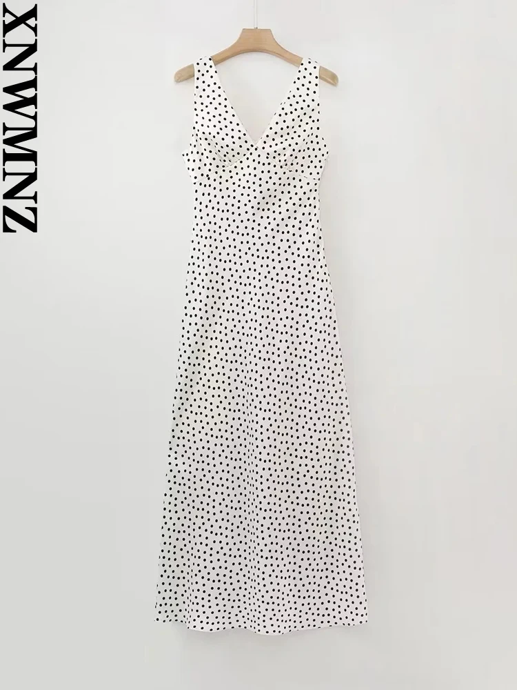 XNWMNZ 2023 Γυναικών Σημείων Πόλκα Μόδας Χιτώνας Φόρεμα Γυναίκα Κομψό V λαιμό, φαρδιές Τιράντες Θηλυκά Κομψά Μακριά Φορέματα