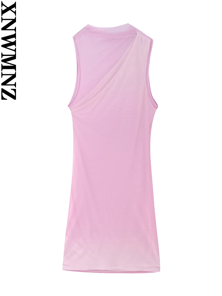 XNWMNZ Γυναικών Μόδας της Νέας Ντραπέ Τούλι Μίνι Φόρεμα Γυναίκα Vintage O Λαιμό Αμάνικο, Ημι-καθαρή Slim Fit Γυναικεία Chic Φορέματα