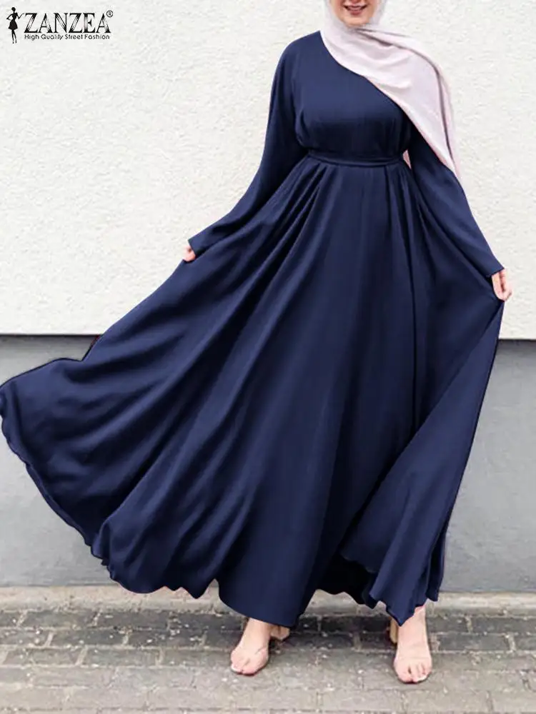 ZANZEA Καφτάνι Abaya Ραμαζάνι Vestidos Στερεά Ρόμπα Femme Μόδας Μουσουλμανικό Φόρεμα για τις Γυναίκες Κομψό Μακρύ Μανίκι Φλογών μεγάλου μεγέθους Μακρύ Φόρεμα