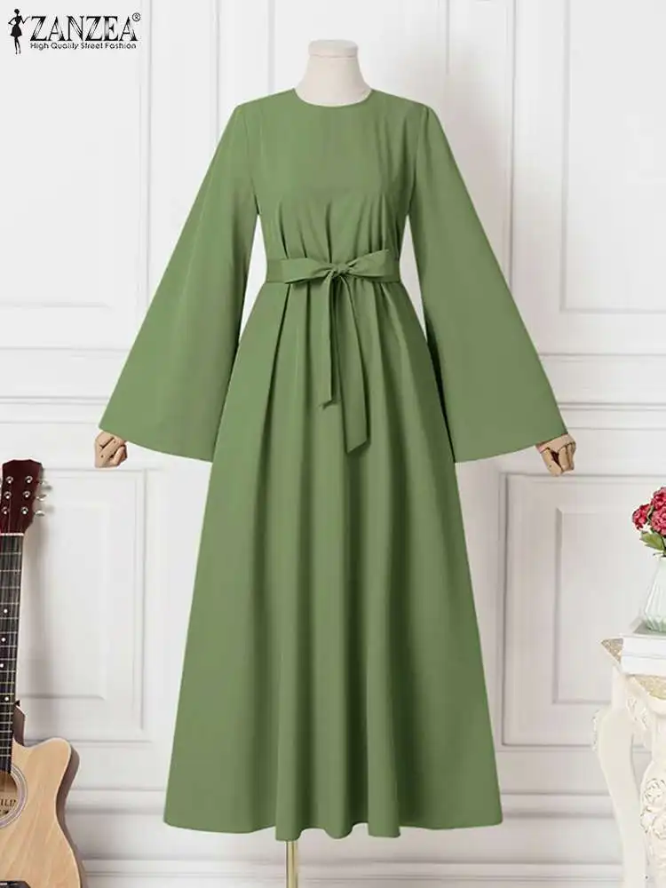 ZANZEA Καφτάνι Abaya Ραμαζάνι Vestidos Στερεά Ρόμπα Femme Μόδας Μουσουλμανικό Φόρεμα για τις Γυναίκες Κομψό Μακρύ Μανίκι Φλογών μεγάλου μεγέθους Μακρύ Φόρεμα