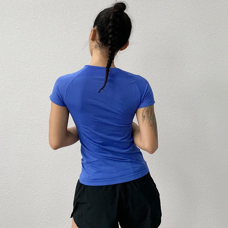 Αθλητισμός γυναικών Κορυφές Ελαστική Γρήγορη Ξηρό Slim Yoga Ανάγλυφο Πουκάμισο με Κοντό Μανίκι T-shirt για Τρέξιμο Sportwear Κορίτσια Προπόνηση στο Γυμναστήριο Top Fitness