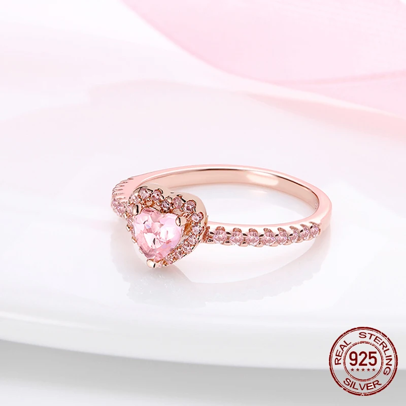 Αυθεντικό 925 Εξαιρετικό Ασημένιο Αφρώδη Ροζ Καρδιά Δαχτυλίδια του CZ για τις Γυναίκες, το Γάμο Δέσμευσης Αυξήθηκε Χρυσό Κρύσταλλο Δαχτυλίδι Κοσμήματος Πολυτέλειας