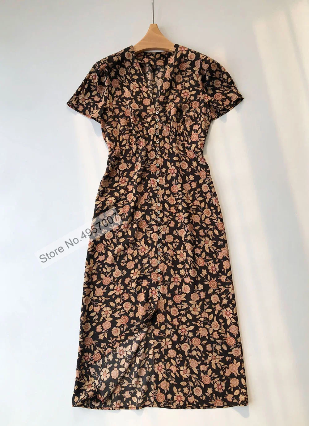 Γυναικών Κοντό Μανίκι V Λαιμόκοψη-Floral Τυπωμένη Κουμπωμένο Μακρύ Φόρεμα - Κυρίες Υψηλής Ποιότητας Μετάξι Φόρεμα