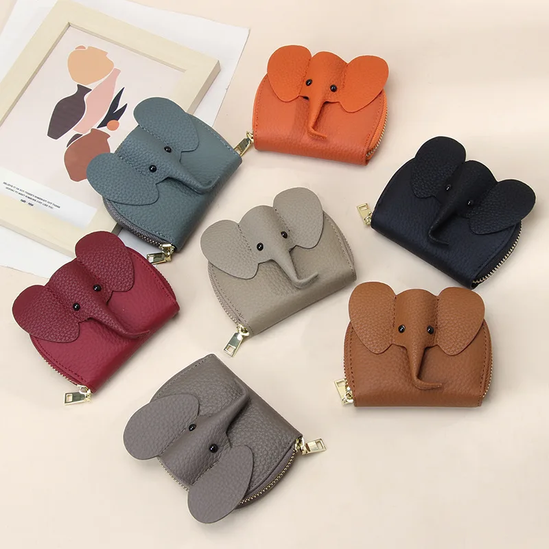 Ιαπωνικά Cowhide Όργανο Κάρτα Τσάντα INS Δημιουργική Προσωπικότητα Ελέφαντα Φερμουάρ Πορτοφόλι Στερεό Χρώμα Multi Κατόχων Καρτών Πορτοφολιών