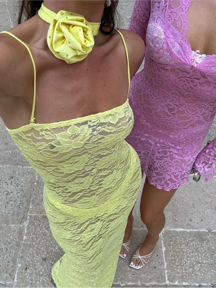 Κίτρινη Δαντέλα Δείτε Μέσα Από Φορέματα Τιράντες Αμάνικο Υψηλή Μέση Λεπτό Περικάλυμμα Ισχίου Φόρεμα Των Γυναικών 2023 Καλοκαίρι Σέξι Κόμμα Club Vestidos
