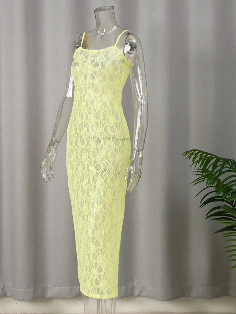 Κίτρινη Δαντέλα Δείτε Μέσα Από Φορέματα Τιράντες Αμάνικο Υψηλή Μέση Λεπτό Περικάλυμμα Ισχίου Φόρεμα Των Γυναικών 2023 Καλοκαίρι Σέξι Κόμμα Club Vestidos