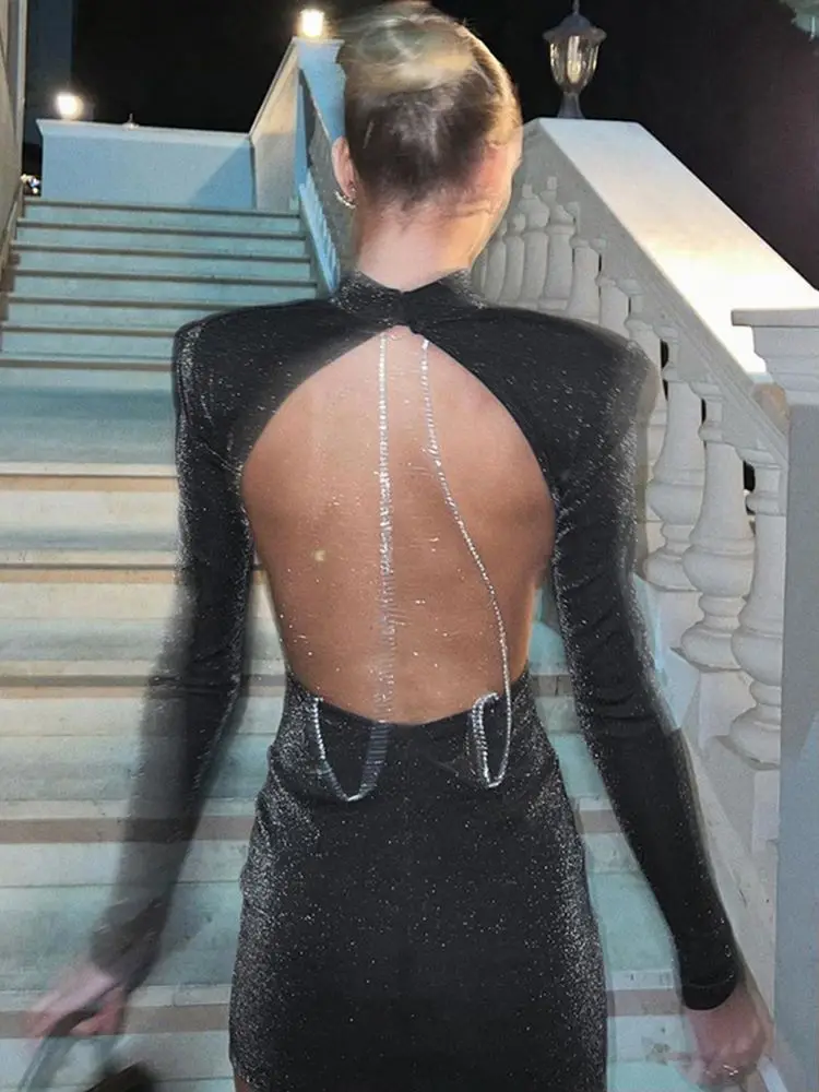 Κρυπτογράφησης Προκλητικά Backless Αλυσίδα Glitter Φόρεμα Κόμματος για τις Γυναίκες τα Ρούχα Vestido Κομψά Ρούχα Φθινόπωρο Μακρύ Μανίκι Μίνι Φορέματα
