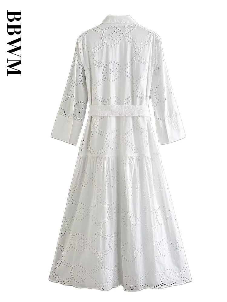 Λευκό Φόρεμα Γυναίκα Κεντητικής Μακριά Φορέματα Vintage Μακρύ Μανίκι Κομψό Γραφείο Κυρία Φορέματα 2023 Καλοκαίρι Ζώνη Chic Φορέματα Midi