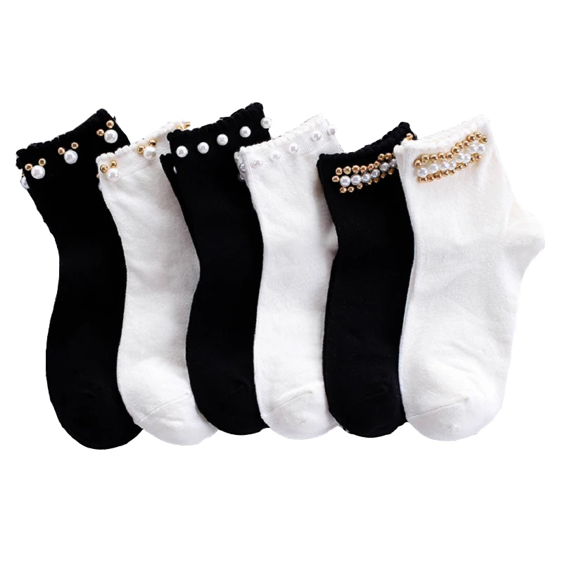 Μαργαριτάρι Βαμβακιού Γυναικών Κάλτσες Γλυκό Στερεό Χρώμα Άνοιξη Χαριτωμένο Long Αστείο Μόδας Όμορφη Πριγκίπισσα Στυλ Χειμώνας Μαύρο Λευκό Χαριτωμένο Γλυκό