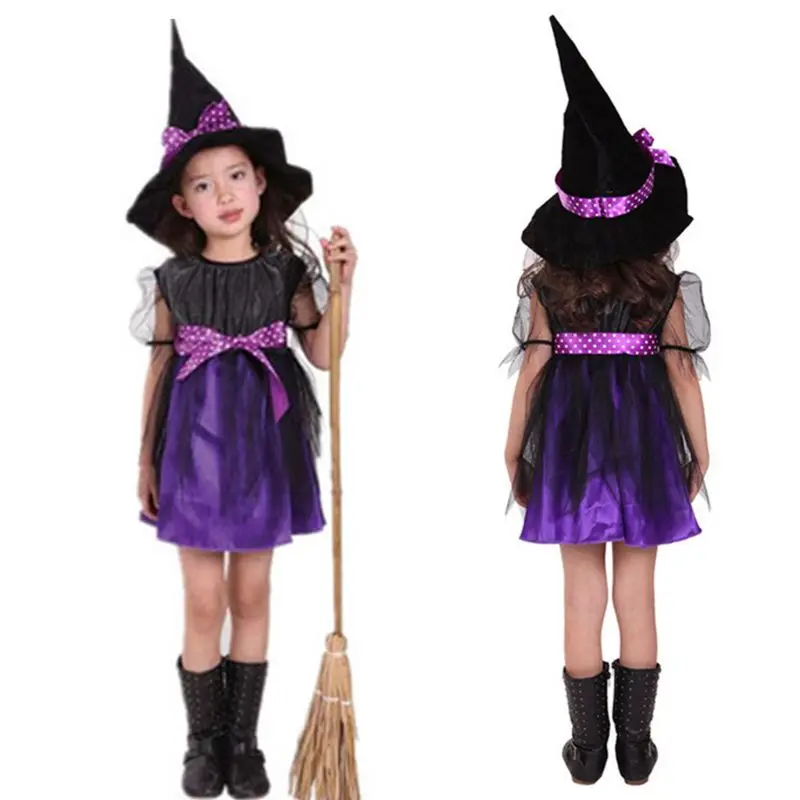 Μικρό παιδί Κορίτσι Μάγισσα Cosplay Κοστούμι Παιδιά με Κοντό Μανίκι Φόρεμα με Πουά Κορδέλα Μυτερό Καπέλο για το Halloween Παραμύθι Κόμμα Στηρίγματα