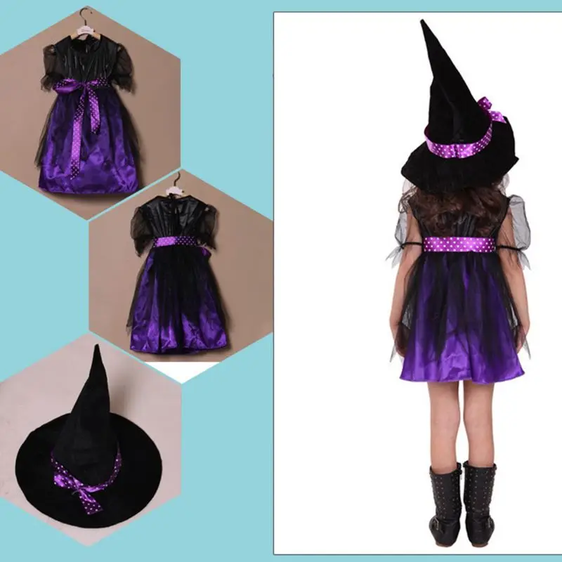 Μικρό παιδί Κορίτσι Μάγισσα Cosplay Κοστούμι Παιδιά με Κοντό Μανίκι Φόρεμα με Πουά Κορδέλα Μυτερό Καπέλο για το Halloween Παραμύθι Κόμμα Στηρίγματα