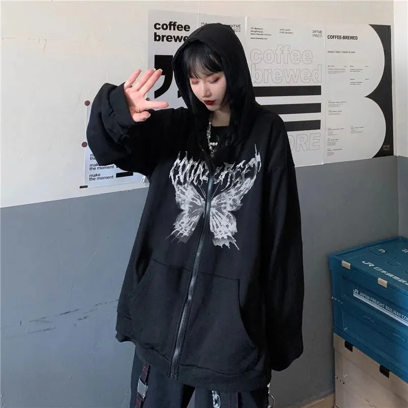 Οι Γυναίκες Πεταλούδα Print Φούτερ Harajuku Μεγάλου Μεγέθους Μακρύ Μανίκι Φερμουάρ Με Κουκούλα Μπουφάν Γυναικεία 2022 Φθινόπωρο Χιπ Χοπ, Punk Φούτερ Κορυφή