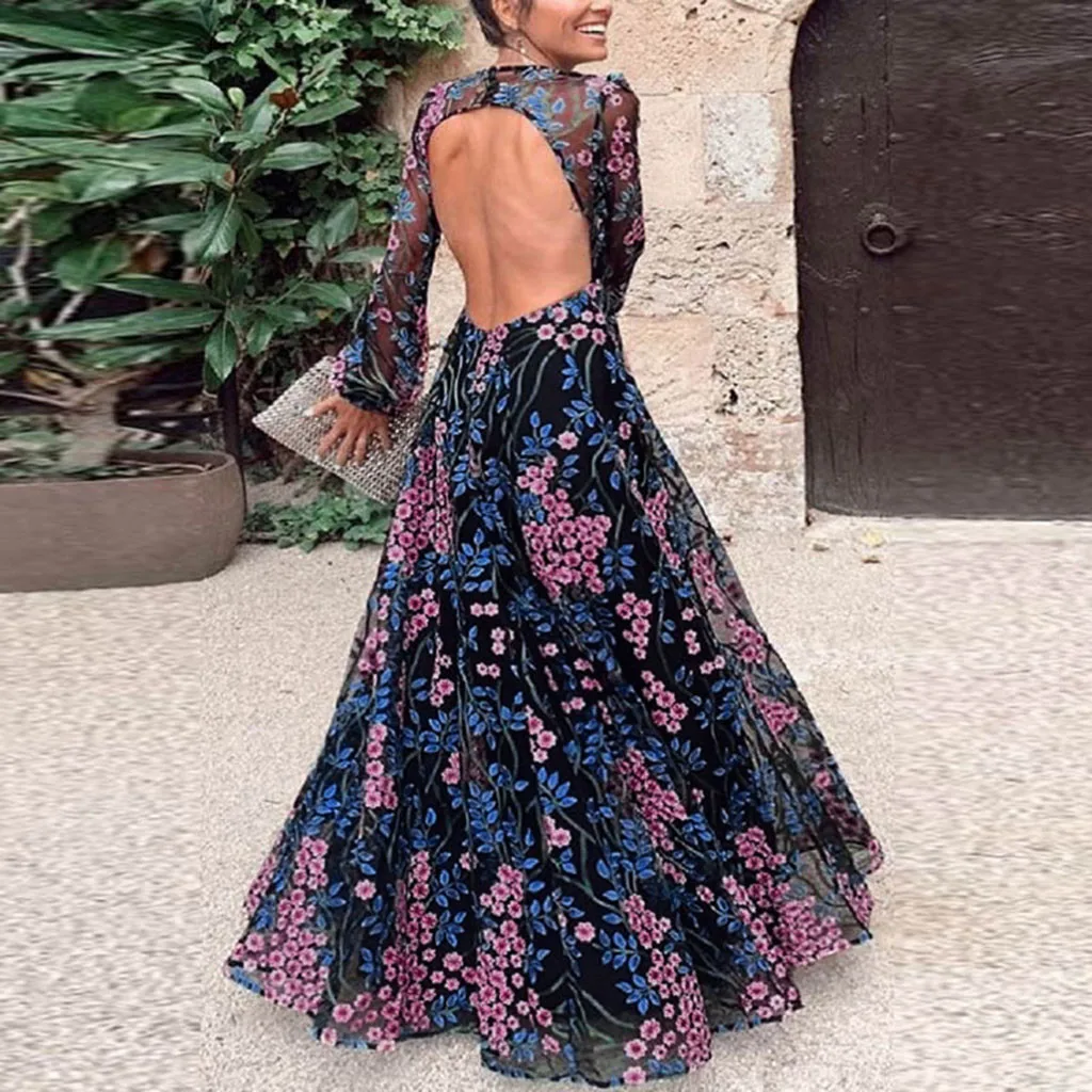 Οι Γυναίκες Το Καλοκαίρι Φόρεμα Μανίκι Πλέγματος O Neck Backless Κεντητικής Floral Print Κοίλο Έξω Δείτε Μέσα Από Το Τυπωμένο Λουλούδι Μακριές Μεγάλου Μεγέθους Φορέματα