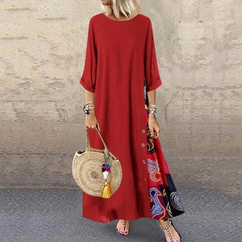 Οι Γυναίκες Τρύγου Maxi Φόρεμα Με 3/4 Μανίκι Πλευρά Κουμπί Ράψιμο Τυπωμένο Φόρεμα Κυρίες Μου Καλοκαίρι Φθινόπωρο Περιστασιακή Χαλαρά Μακρύ Φόρεμα Vestidos