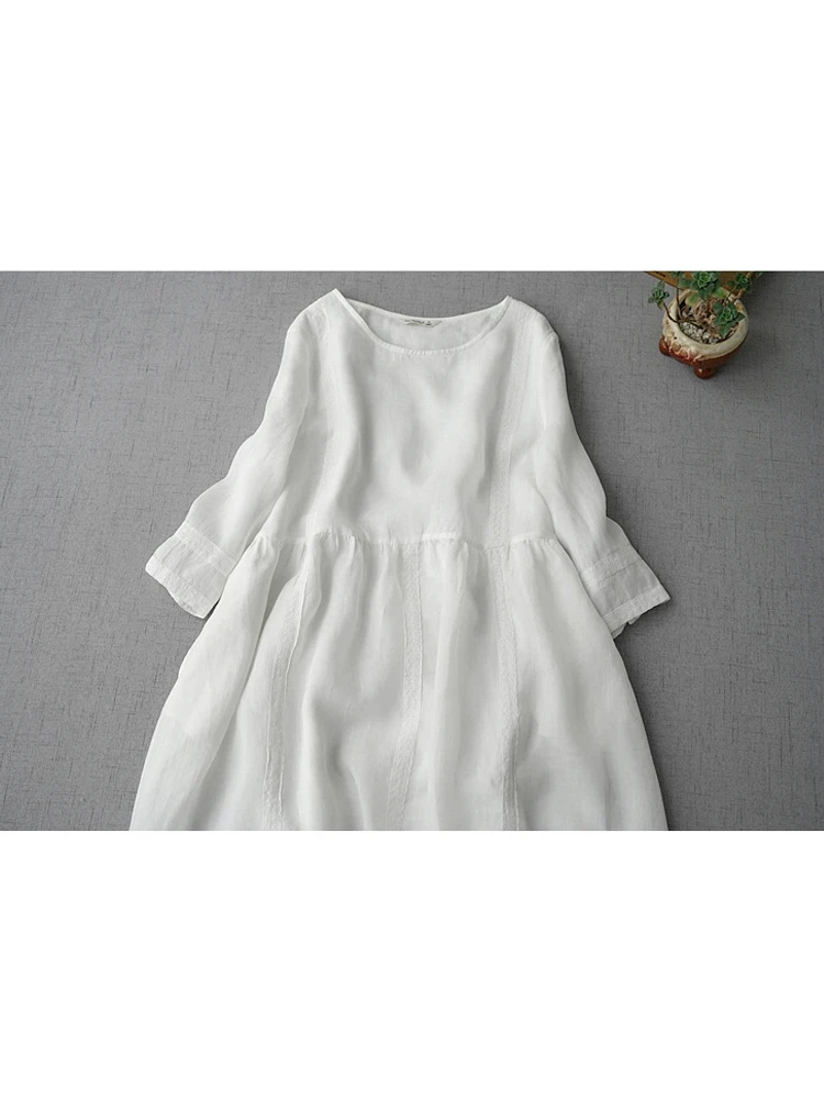Το 2023 Νέα Καλοκαιρινή Στερεά Βαμβάκι Γύρου Λαιμό Γυναίκες Φορέματα Υψηλή Μέση Λεπτή Γραμμή Casual Χαλαρό Φόρεμα Μισό Μανίκι Δαντέλα Μακρύ Φόρεμα