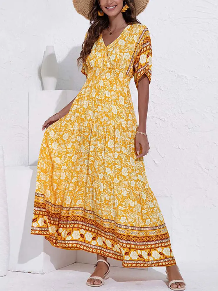 Το 2023 Το Καλοκαίρι Viscose Maxi Boho Φόρεμα Για Τις Γυναίκες Κομψό Μακρύ Floral Φόρεμα Κυρίες Τυπωμένων Υλών Λουλουδιών Μποέμ Φόρεμα Κόμμα Για Τις Γυναίκες