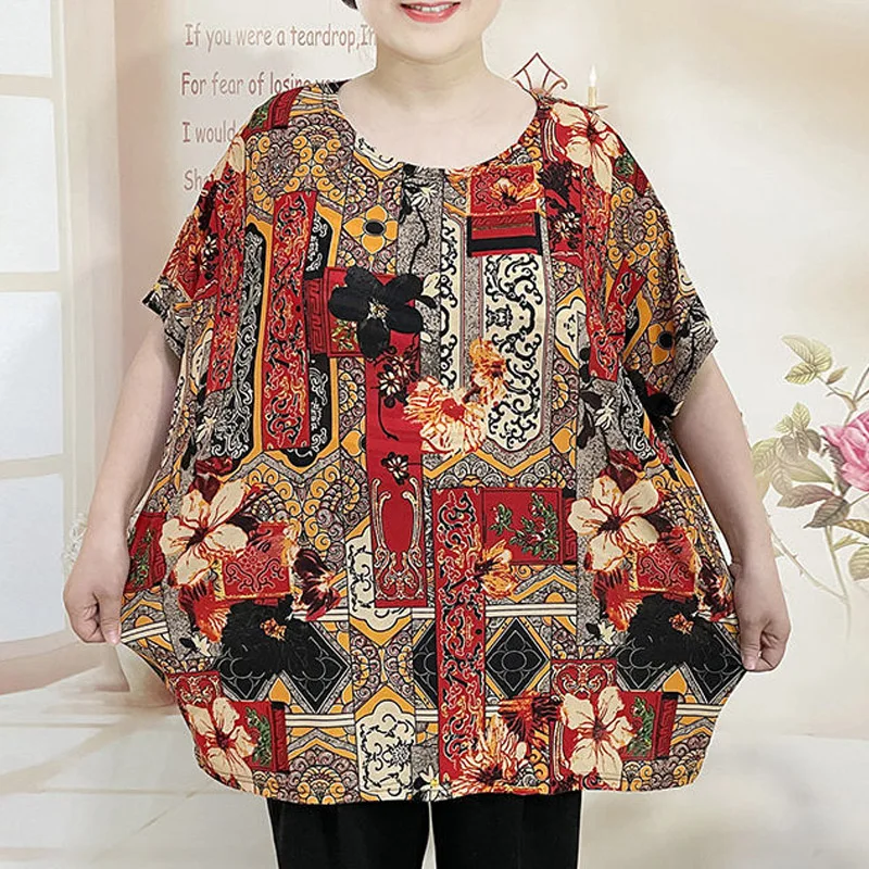 Το 2023 Το Καλοκαίρι Νέα Γύρω Από Το Λαιμό Κοντό Μανίκι Vintage Floral Εκτύπωση T-Shirts Για Γυναίκες Κορέας Στυλ Μόδα Χαλαρά Casual Υπερμεγέθη Γράμματα Τ
