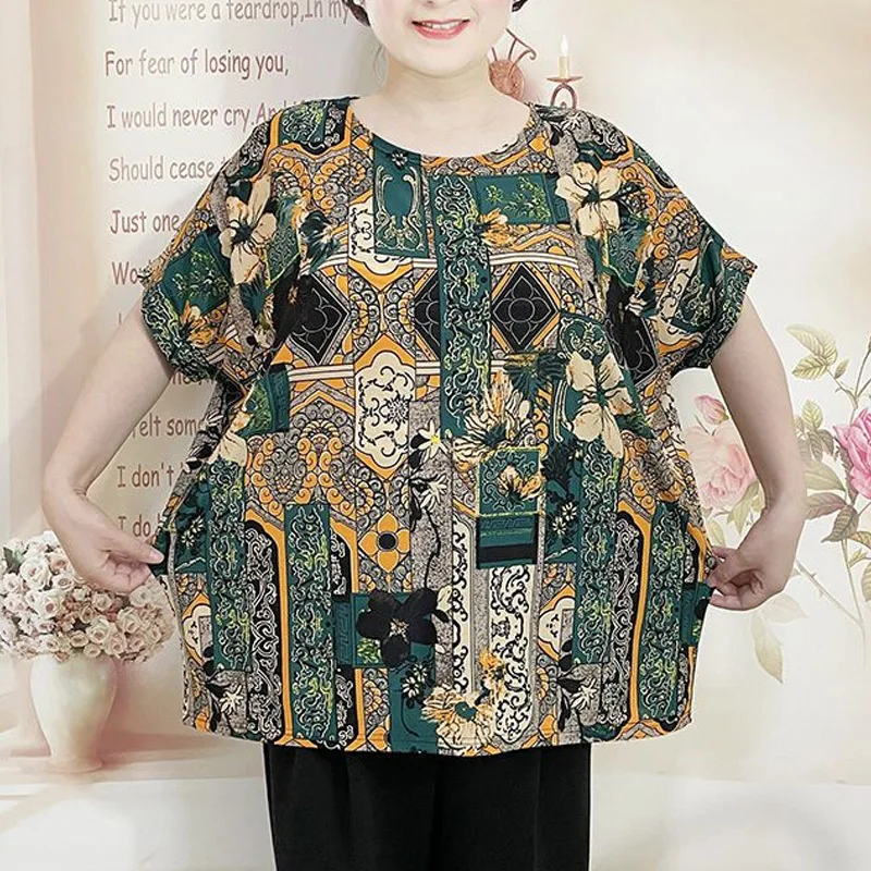 Το 2023 Το Καλοκαίρι Νέα Γύρω Από Το Λαιμό Κοντό Μανίκι Vintage Floral Εκτύπωση T-Shirts Για Γυναίκες Κορέας Στυλ Μόδα Χαλαρά Casual Υπερμεγέθη Γράμματα Τ