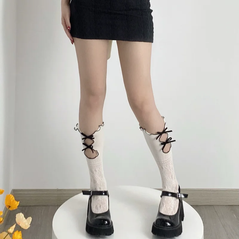 Χαριτωμένο Γλυκό και Δροσερό Κάλτσες Γυναικών Διπλός-στρώματος Κοίλη Δαντέλα Συγκέντρωσης Τόξο Fishnet Κάλτσες Απαλό γαλλικό Ρετρό Vintage Κάλτσες Calcetines