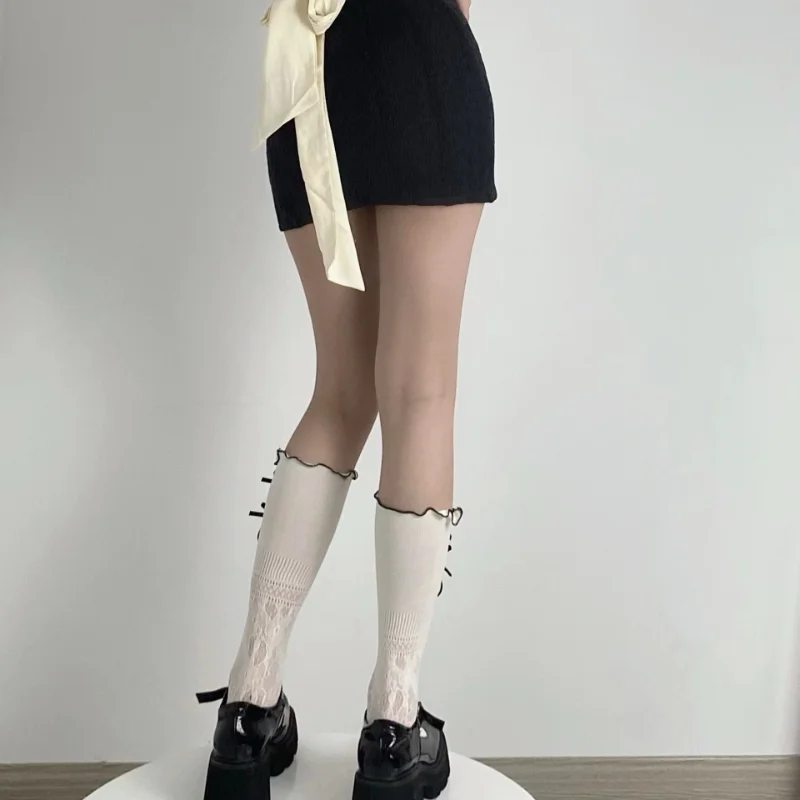 Χαριτωμένο Γλυκό και Δροσερό Κάλτσες Γυναικών Διπλός-στρώματος Κοίλη Δαντέλα Συγκέντρωσης Τόξο Fishnet Κάλτσες Απαλό γαλλικό Ρετρό Vintage Κάλτσες Calcetines